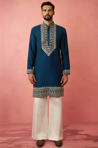 men's turquoise chanderi kurta set with cream pant - wedding special