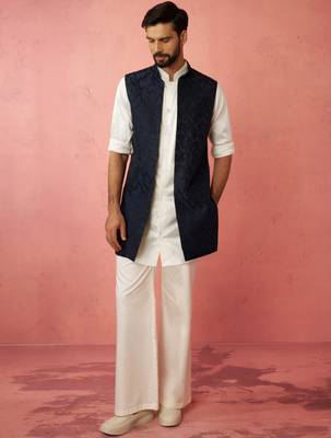 men's navy embroidered nehru jacket with cream kurta trouser - premium set 1