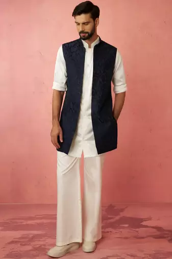men's navy embroidered nehru jacket with cream kurta trouser - premium set