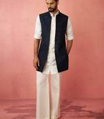 men's navy embroidered nehru jacket with cream kurta trouser - premium set
