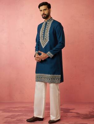 men's turquoise chanderi kurta set with cream pant - wedding special 4