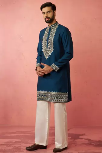 men's turquoise chanderi kurta set with cream pant - wedding special