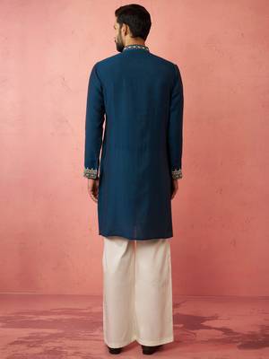men's turquoise chanderi kurta set with cream pant - wedding special 5
