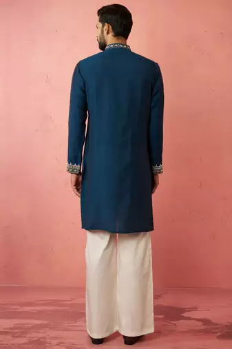 men's turquoise chanderi kurta set with cream pant - wedding special