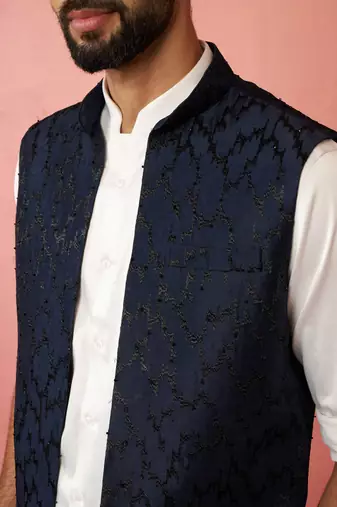 men's navy embroidered nehru jacket with cream kurta trouser - premium set