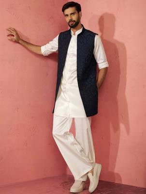 men's navy embroidered nehru jacket with cream kurta trouser - premium set 3