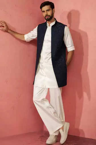 men's navy embroidered nehru jacket with cream kurta trouser - premium set