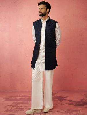 men's navy embroidered nehru jacket with cream kurta trouser - premium set 4