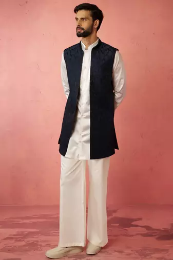 men's navy embroidered nehru jacket with cream kurta trouser - premium set