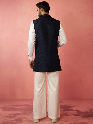 men's navy embroidered nehru jacket with cream kurta trouser - premium set 5
