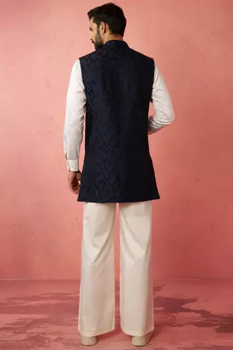 men's navy embroidered nehru jacket with cream kurta trouser - premium set