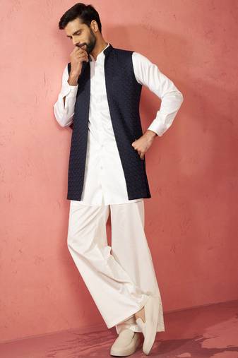 men's blue nehru jacket with cream kurta trouser - designer wedding set