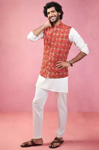 men's red embroidered nehru jacket with cream kurta pyjama - designer ethnic set