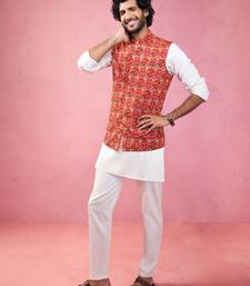 men's red embroidered nehru jacket with cream kurta pyjama - designer ethnic set