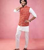 red embroidered nehru jacket with cream kurta pyjama - designer ethnic set