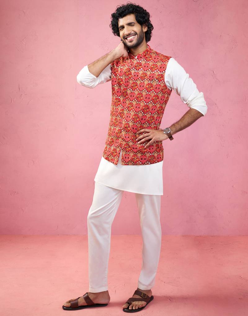 men's red embroidered nehru jacket with cream kurta pyjama - designer ethnic set