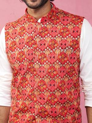 red embroidered nehru jacket with cream kurta pyjama - designer ethnic set 2