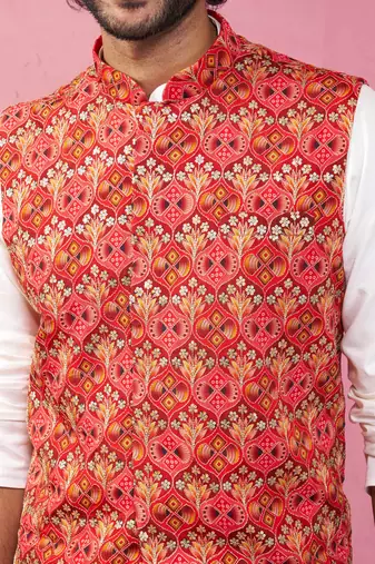 red embroidered nehru jacket with cream kurta pyjama - designer ethnic set