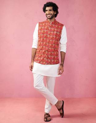 red embroidered nehru jacket with cream kurta pyjama - designer ethnic set 3