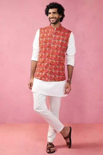 red embroidered nehru jacket with cream kurta pyjama - designer ethnic set