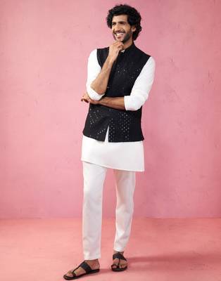 black sequin embroidered nehru jacket with cream kurta pyjama - premium set 1