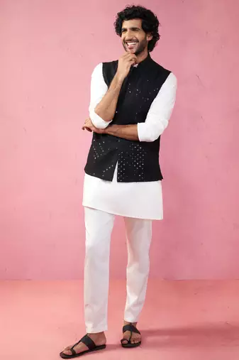 men's black sequin embroidered nehru jacket with cream kurta pyjama - premium set