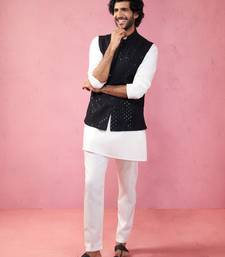 men's black sequin embroidered nehru jacket with cream kurta pyjama - premium set