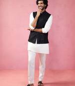 black sequin embroidered nehru jacket with cream kurta pyjama - premium set
