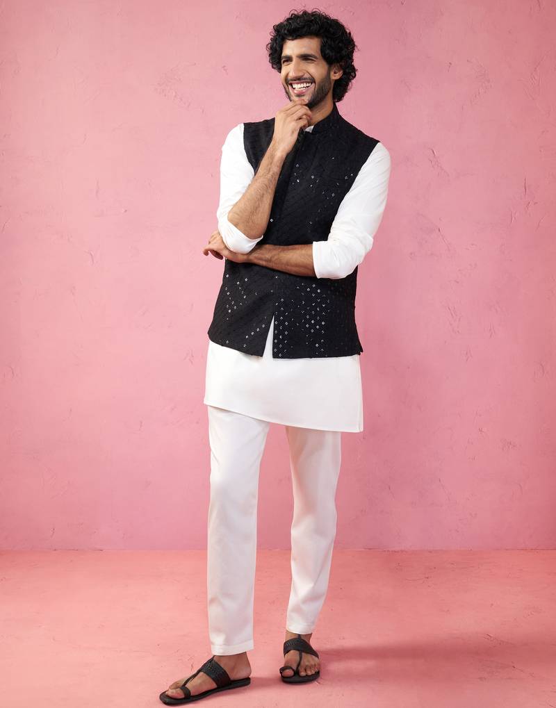 men's black sequin embroidered nehru jacket with cream kurta pyjama - premium set