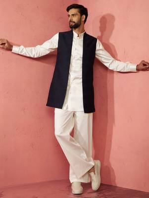 men's navy blue nehru jacket with cream kurta trouser - wedding wear set 1