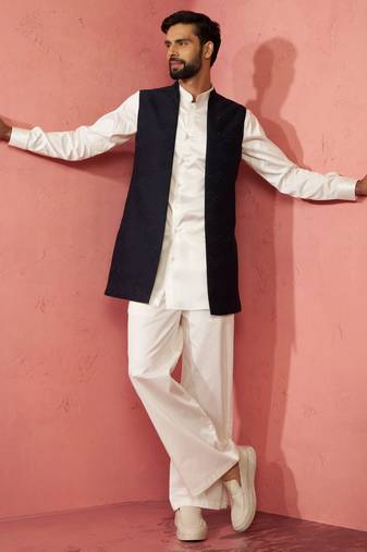 men's navy blue nehru jacket with cream kurta trouser - wedding wear set
