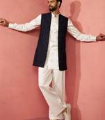 men's navy blue nehru jacket with cream kurta trouser - wedding wear set