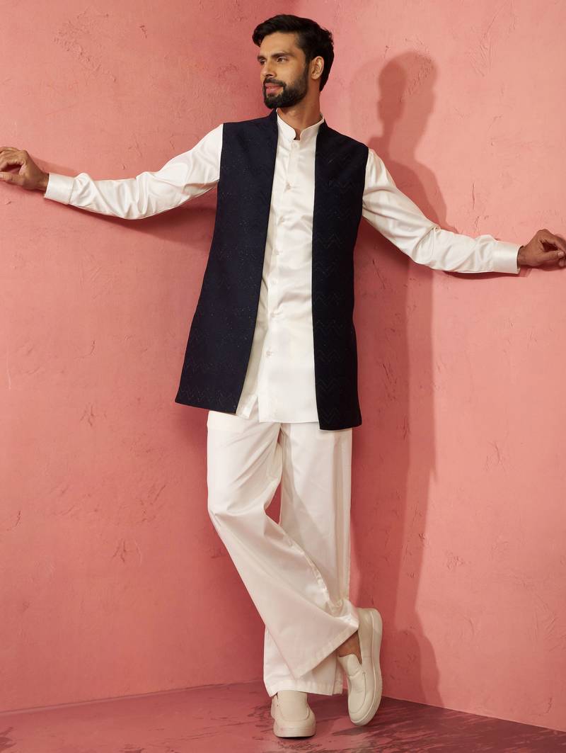 men's navy blue nehru jacket with cream kurta trouser - wedding wear set