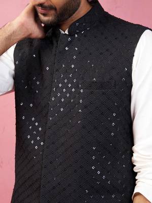 black sequin embroidered nehru jacket with cream kurta pyjama - premium set 2