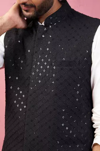 black sequin embroidered nehru jacket with cream kurta pyjama - premium set