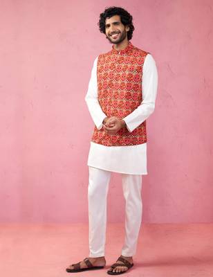 red embroidered nehru jacket with cream kurta pyjama - designer ethnic set 4