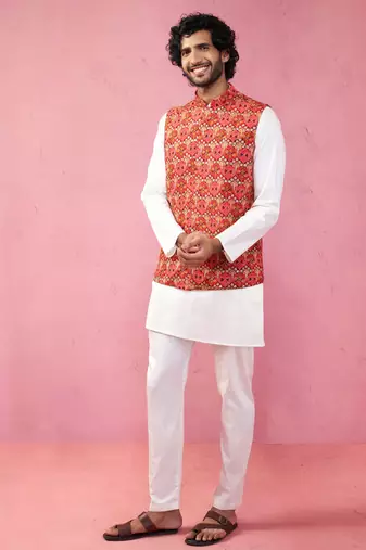 red embroidered nehru jacket with cream kurta pyjama - designer ethnic set