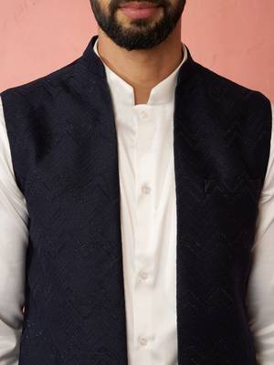 men's navy blue nehru jacket with cream kurta trouser - wedding wear set 2