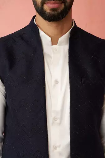 men's navy blue nehru jacket with cream kurta trouser - wedding wear set