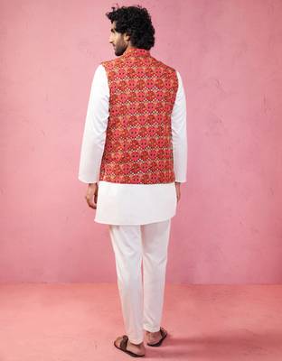 red embroidered nehru jacket with cream kurta pyjama - designer ethnic set 5