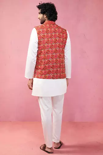 red embroidered nehru jacket with cream kurta pyjama - designer ethnic set