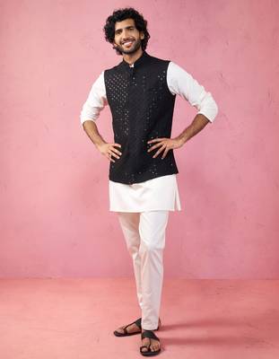 black sequin embroidered nehru jacket with cream kurta pyjama - premium set 3