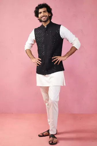black sequin embroidered nehru jacket with cream kurta pyjama - premium set