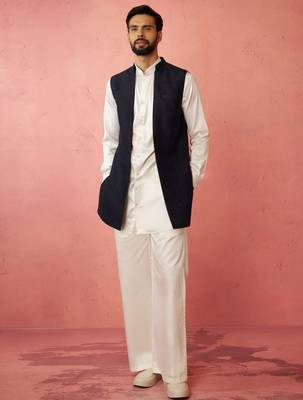 men's navy blue nehru jacket with cream kurta trouser - wedding wear set 3