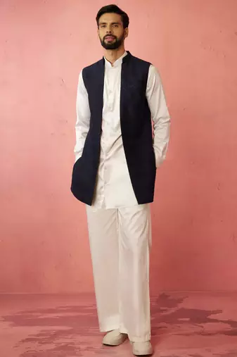 men's navy blue nehru jacket with cream kurta trouser - wedding wear set