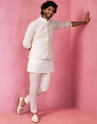 cream embroidered nehru jacket with kurta pyjama - designer wedding set 1