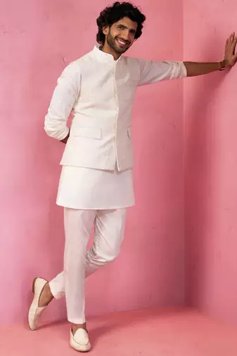 men's cream embroidered nehru jacket with kurta pyjama - designer wedding set