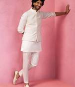 cream embroidered nehru jacket with kurta pyjama - designer wedding set