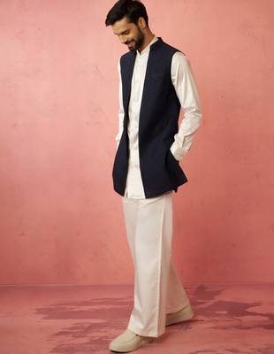 men's navy blue nehru jacket with cream kurta trouser - wedding wear set 4