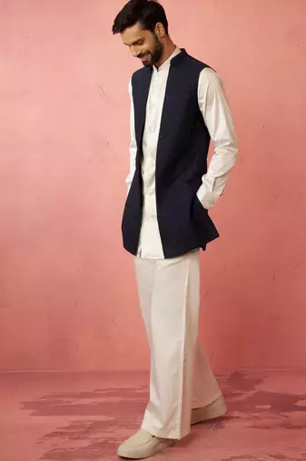 men's navy blue nehru jacket with cream kurta trouser - wedding wear set